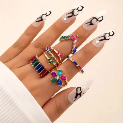 Multicolor Butterfly Flower Finger Ring Set (5 pcs)